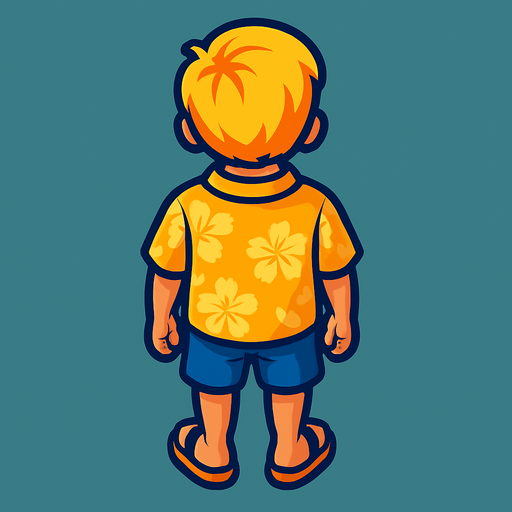 A young boy with a yellow Hawaiian style shirt and sandals. No hat. Blonde hair.