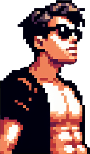 8-bit. Cartoon. Guy the beach. Full body. Looking up. Sunglasses. Worried. In game asset. Single Game Texture. In-Game asset. 2d. Blank background. High contrast. No shadows.