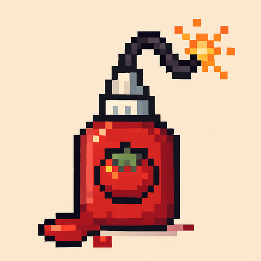 Pixel art of a red ketchup bottle turned into a bomb, with a fuse and tomato sauce leaking out. Small item, cartoonish and fun, pixel style.
In-Game asset.  2d.  High contrast.  No shadows