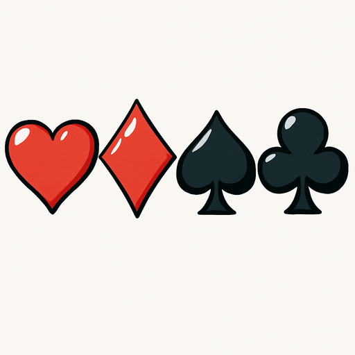 The four card suits. Hearts, diamonds, spades and clubs. Anime style..
In-Game asset.  2d.  High contrast.  No shadows