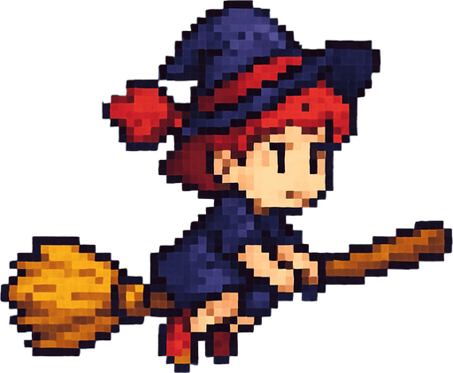 16 bit image litle girl ride flyng broom stick.
In-Game asset.  2d.