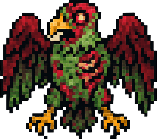 Uma águia zumbi, vista aérea, estilo pixel art.
In-Game asset.  2d.  High contrast.  No shadows