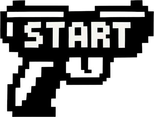una pistola negra hecha con pixeles que diga start en medio
In-Game asset.  2d.  High contrast.  No shadows