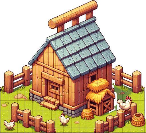 background chicken coop.
Single Game Texture. In-Game asset. 2d. Blank background. High contrast. No shadows.