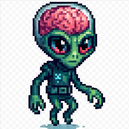 El alien debe ser un personaje de aspecto inteligente y misterioso en estilo pixel art, con una gran cabeza semitransparente que permita ver un cerebro rosado o verdoso expuesto, con textura simple y líneas marcadas que lo hagan reconocible; los ojos deben ser grandes, brillantes y expresivos, de color azul, morado o rojo, transmitiendo inteligencia o curiosidad; su cuerpo debe ser delgado o compacto, con brazos largos o dedos visibles, de color verde, gris o púrpura, con detalles mínimos como placas, símbolos alienígenas o un cinturón tecnológico; puede flotar o tener animación de levitación, con fondo transparente y un estilo que combine lo caricaturesco con lo ligeramente inquietante, perfecto para un juego de ciencia ficción o niveles espaciales..
In-Game asset.  2d.  High contrast.  No shadows