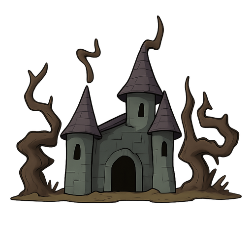 a twisted castle with creepy trees on the ground. No background. Transparent background. Blank background. No shadows. 2d. In-Game asset. flat