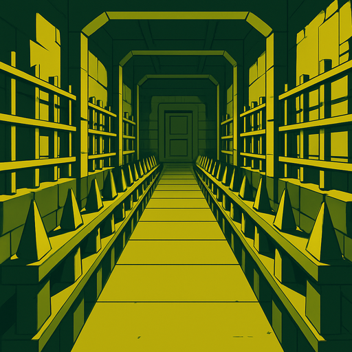 3D building from inside have tall road similar to saw movie rooms, floor going front of the screen, horror taller area have 2 walls on the sides with sharp metals protecting the way and horizontal bars on all of the 2 walls on the sides.
In-Game asset.  High contrast.  No shadows. 3D