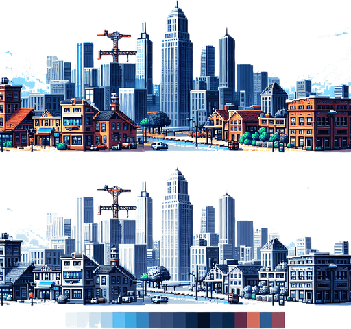 City.
Single Game Texture.  In-Game asset.  2d.  Blank background.  High contrast.  No shadows. Pixel