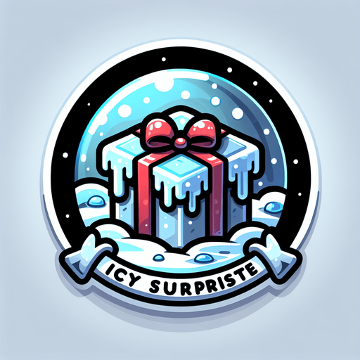 Icon for a froozen christmas present, on a circle, with the text „icy Surprise“ at top, cartoon Single Game Texture. In-Game asset. 2d. Blank background. High contrast. No shadows.