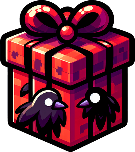 Cartoon of a christmas present, evil raven style, side view Single Game Texture. In-Game asset. 2d. Blank background. High contrast. No shadows.