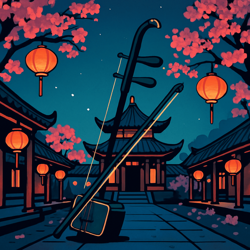 A traditional Chinese courtyard with lanterns, pagodas, and cherry blossoms. Add a calm evening vibe for the Erhu instrument..
In-Game asset.  2d.  High contrast.  No shadows