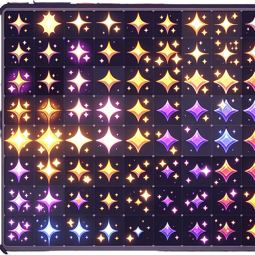 A sprite sheet of different color sparkles. Include gold and purple color.
Single Game Texture. In-Game asset. 2d. Blank background. High contrast. No shadows.