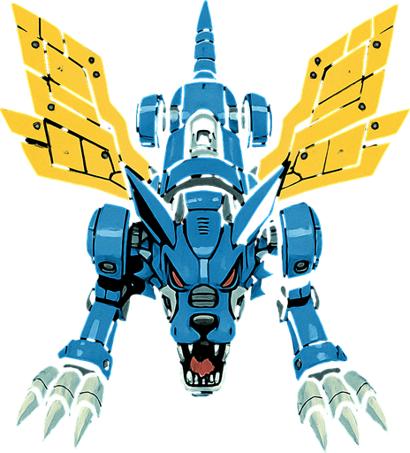 Metalgarurumon, visto desde arriba, detalles muy épicos.
In-Game asset.  2d.  High contrast.  No shadows