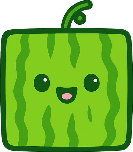 Perfectly square bright green waterlemon with cute happyy face. Cartoon style. Cute art style. Simple vector style. No Shadows