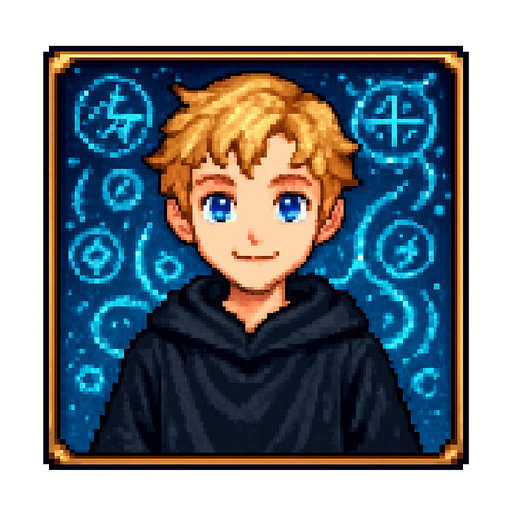 "2D pixel art of a young male wizard child with short, wavy blonde hair and bright blue eyes, wearing a long, flowing black robe. He is facing forward, smiling, looking directly at the viewer with a calm, focused expression. The character is framed inside a square border, like a portrait or selection window in a fantasy RPG. The background inside the square is filled with glowing blue magical symbols, glyphs, and swirling arcane energy to create a mystical atmosphere. The pixel art style is classic 16-bit fantasy RPG, with detailed shading and rich colors. The area outside the square frame is transparent.".
In-Game asset.  2d.  High contrast.  No shadows