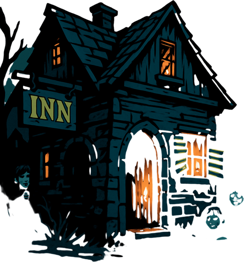 A rundown inn on the edge of a village, candlelight flickering through broken shutters, children peeking from dark corners, cold and lonely air.
In-Game asset.  2d.  High contrast.  No shadows