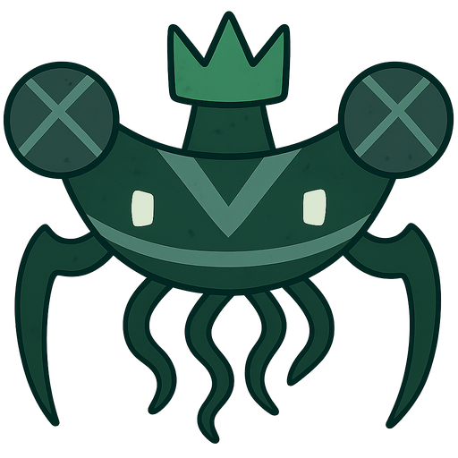 A dark green alien boss with two gray orbs around it. On top it has a green crown. Has light gray stripes. No background. Transparent background. Blank background. No shadows. 2d. In-Game asset. flat