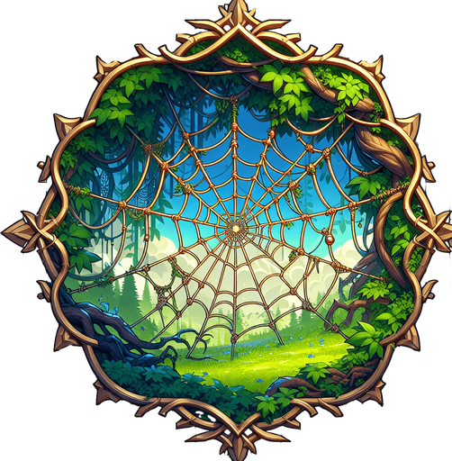 amazing spider web on tree branch. anime image. green landscape
Single Game Texture.  In-Game asset.  2d.