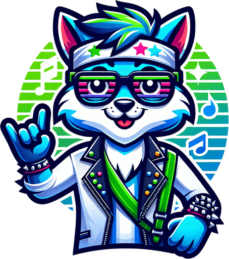 An anthropomorphic blue and green cat animatronic wearing rockstar attire.
Single Game Texture.  In-Game asset.  2d.  Blank background.  High contrast.  No shadows