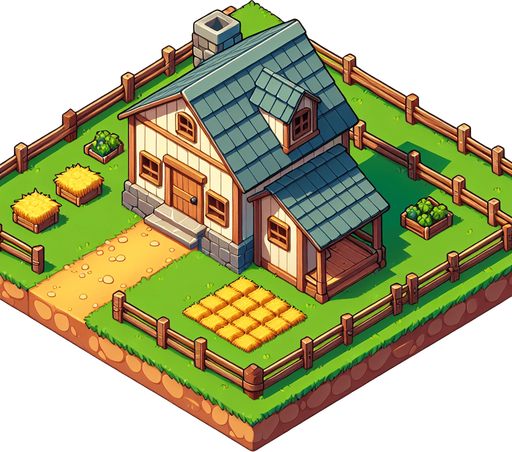 farmhouse, top view, cartoon style.
Single Game Texture. In-Game asset. 2d. Blank background. High contrast. No shadows.