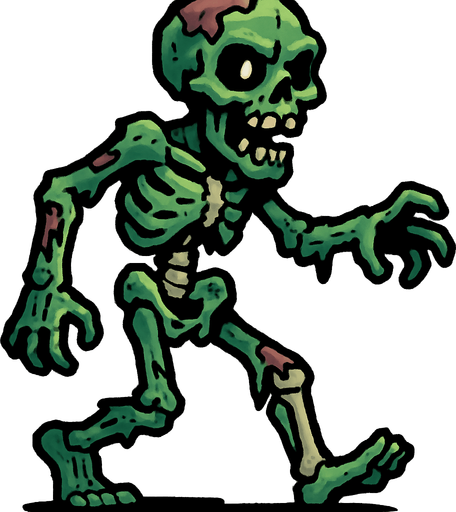 Esqueleto zombi en cuerpo completo caminando.
In-Game asset.  2d.  High contrast.  No shadows