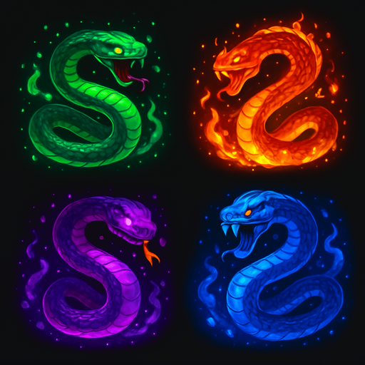 Serpent enemies assets with particles. HD colors. magical images.
In-Game asset.  2d.  High contrast.  No shadows