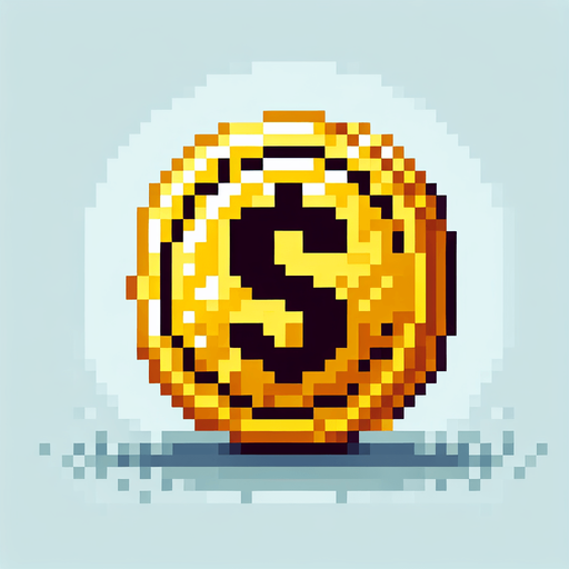 Pixelated gold coin.
Single Game Texture.  In-Game asset.  2d.  Blank background.  High contrast.  No shadows