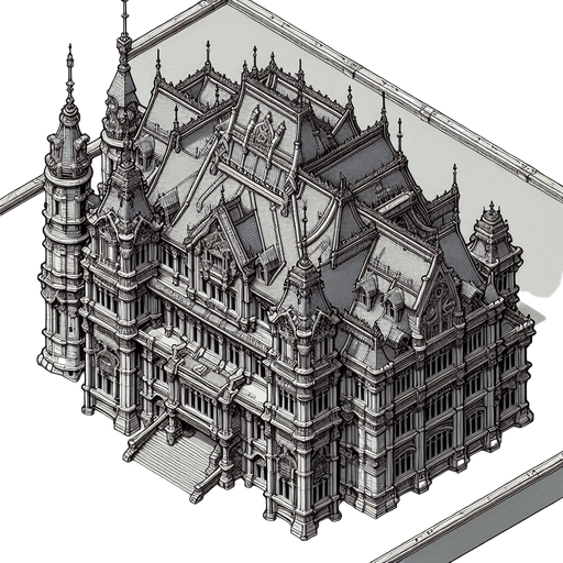 top down view of building.
Single Game Texture.  In-Game asset.  2d.  Blank background.  High contrast.  No shadows