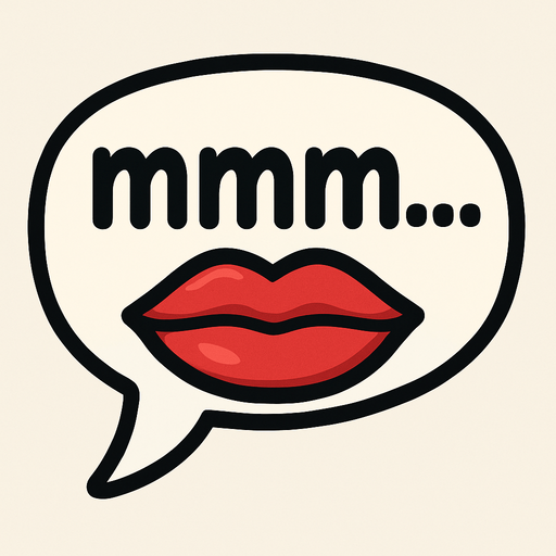Simple cartoon speech bubble with closed lips icon and lowercase lettering 'mmm...'.
Single Game Texture.  In-Game asset.  2d.  Blank background.  High contrast.  No shadows