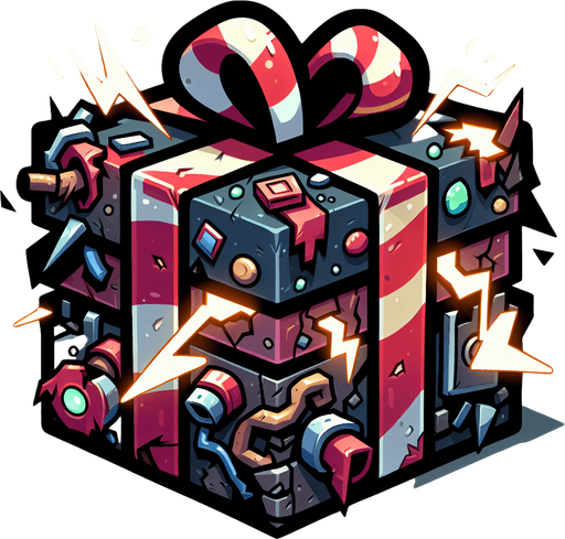 a electrified destroyed christmas present, cartoon Single Game Texture. In-Game asset. 2d. Blank background. High contrast. No shadows.