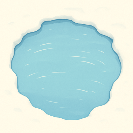 A simple top-down 2D illustration of a calm arctic lake. The scene shows the edge of the water, with a soft, snowy shoreline framing the top and one side of the image. The lake itself is a calm, light blue, with subtle light reflections on the surface to suggest water. The art style is soft and clean, like a children's book illustration..
In-Game asset.  2d.  High contrast.  No shadows