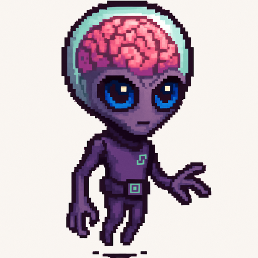 El alien debe ser un personaje de aspecto inteligente y misterioso en estilo pixel art, con una gran cabeza semitransparente que permita ver un cerebro rosado o verdoso expuesto, con textura simple y líneas marcadas que lo hagan reconocible; los ojos deben ser grandes, brillantes y expresivos, de color azul, morado o rojo, transmitiendo inteligencia o curiosidad; su cuerpo debe ser delgado o compacto, con brazos largos o dedos visibles, de color verde, gris o púrpura, con detalles mínimos como placas, símbolos alienígenas o un cinturón tecnológico; puede flotar o tener animación de levitación, con fondo transparente y un estilo que combine lo caricaturesco con lo ligeramente inquietante, perfecto para un juego de ciencia ficción o niveles espaciales..
In-Game asset.  2d.  High contrast.  No shadows