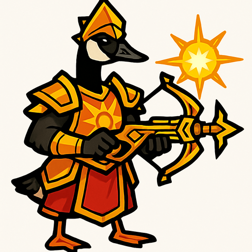 Canadian Goose in Sun Warrior Outfit with Magic Sun Crossbow.
In-Game asset.  2d.  High contrast.  No shadows