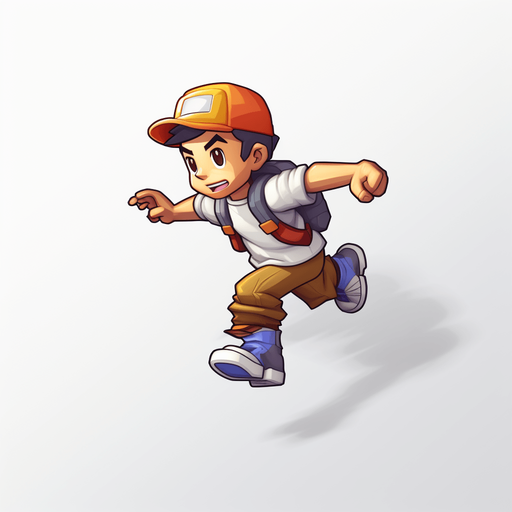 Single subway surfer character. Running upwards. Camera from right above.

Game Texture. In-Game asset. 2d. Pixelart. White background. Blank background. Low detail. High contrast.