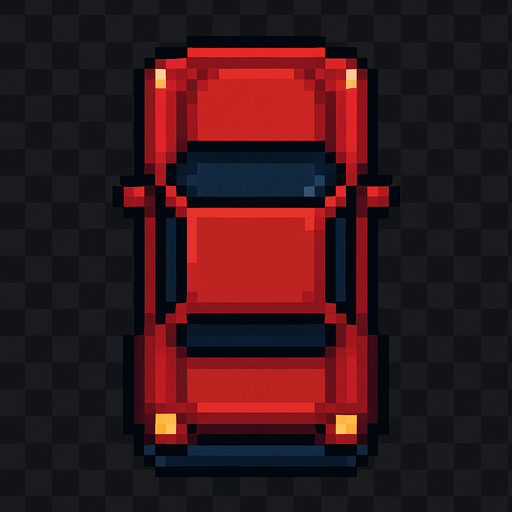 Üstten görünümlü pixel araba.
In-Game asset.  2d.  High contrast.  No shadows