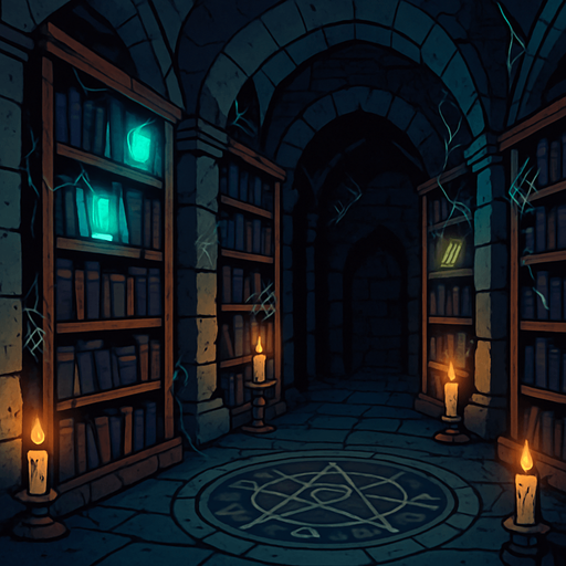 An ancient hidden library with towering dusty shelves, glowing enchanted books, cobwebs, stone floor with arcane symbols, candlelit mystery.
In-Game asset.  2d.  High contrast.  No shadows