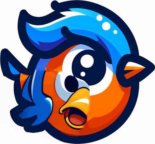 Blue wing flapped up on orange bird. Cartoon style. Dark blue outlines.