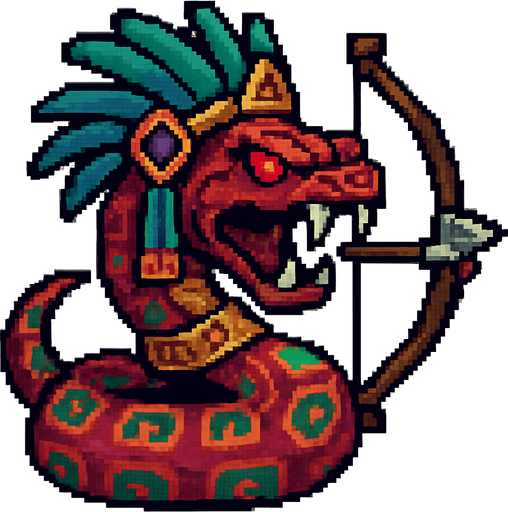 Genérame una Boa de arcoiris guerrero azteca con eso patrones, estilo pixelar, con una apariencia maligna, ojos rojos, rabioso. Unidad a distancia, con un arco o cerbatana. Animal.
In-Game asset.  2d.  High contrast.  No shadows
