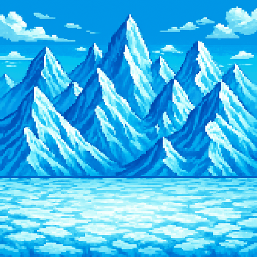 um conjunto de montanhas de gelo, arte pixel 32bits, arena battle background.
In-Game asset.  2d.  High contrast.  No shadows