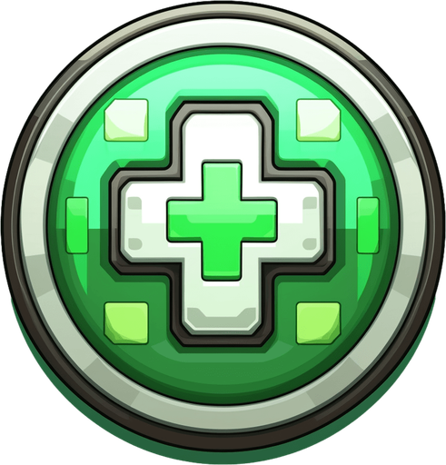 Round powerup. Green health icon
Single Game Texture. In-Game asset. 2d. Pixelart. White background. Blank background. Low detail. High contrast.