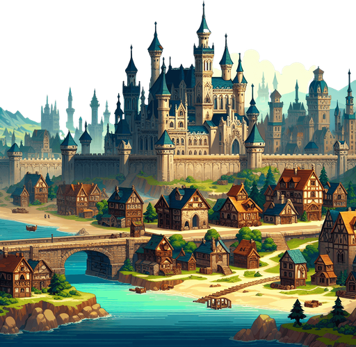 An animated image a medieval city with a castle.
Single Game Texture. In-Game asset. 2d. Blank background. High contrast. No shadows.