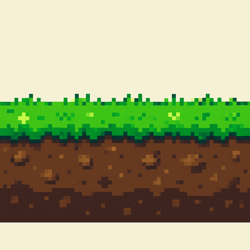 A flat, horizontal ground layer made of bright green grass on top and brown soil underneath, designed in pixel art style. The grass is slightly jagged at the top to suggest texture, and the soil has subtle pixel shading with small rocks and dirt patches. The image should be side-view and seamless, suitable for a 2D side-scrolling game like Flappy Bird, with tiny pixel flowers or varied shades of green for extra detail..
In-Game asset.  2d.  High contrast.  No shadows. pixel art. side view. seamless. ground texture. retro style