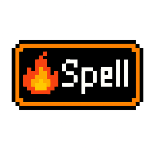 Black button with an orange outline that says "Spell" and has a fire icon, pixel art.
In-Game asset.  2d.  High contrast.  No shadows