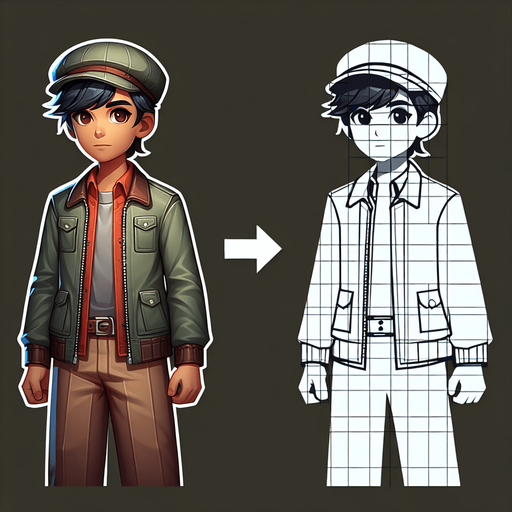 A boy with jacket hat and shirt pants.
Single Game Texture. In-Game asset. 2d. Blank background. High contrast. No shadows.