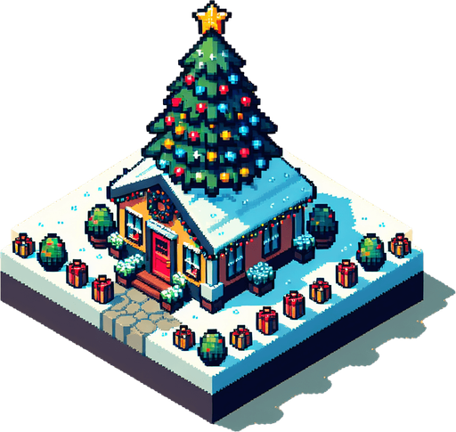 overhead view of simple box house christmas decorations giant christmas tree out front video game asset 2d blank background Single Game Texture. In-Game asset. 2d. Blank background. High contrast. No shadows.