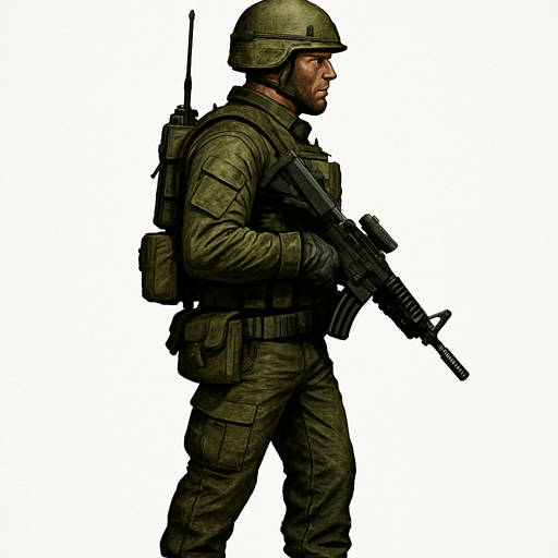 Komando, yazısız, gerçekçi, yandan görünüm.
In-Game asset.  2d.  High contrast.  No shadows