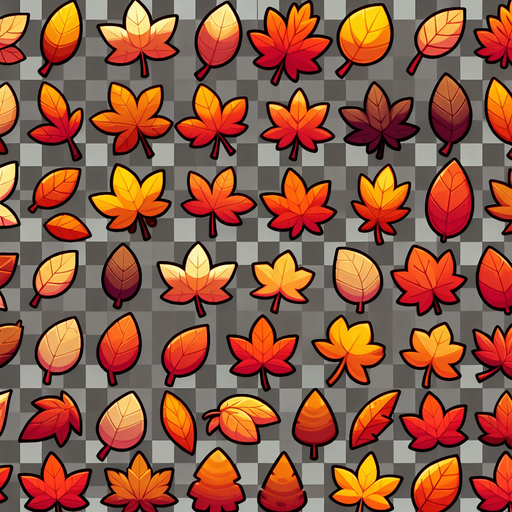 A sprite sheet of fall leaves. Cartoon.
Single Game Texture. In-Game asset. 2d. Blank background. High contrast. No shadows.