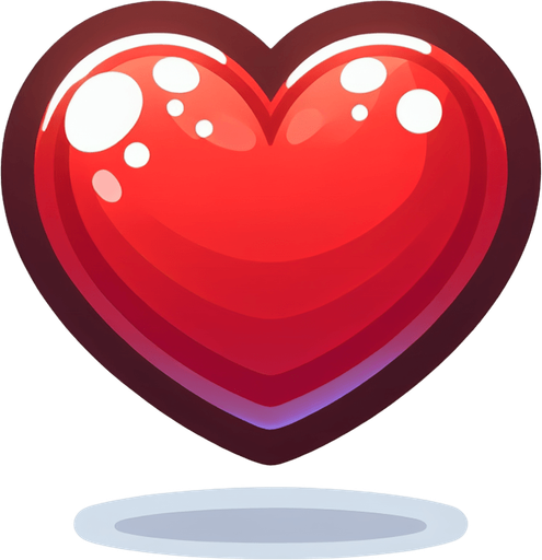 Single cartoon extra life heart. No drop shadows.
Single Game Texture. In-Game asset. 2d. Blank background. High contrast. No shadows..
Single Game Texture.  In-Game asset.  2d.  Blank background.  High contrast.  No shadows