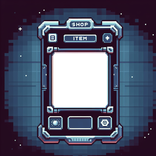 Pixelart. An interface element which is the empty frame for an in-game shop item in the in game shop. with a space theme..
Single Game Texture. In-Game asset. 2d. Blank background. High contrast. No shadows.