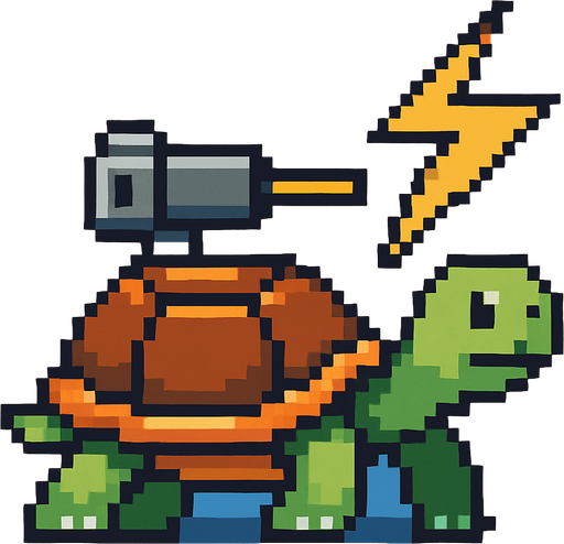 a turtle with a lightning bolt gun on her shell, pixelart.
In-Game asset.  2d.  High contrast.  No shadows